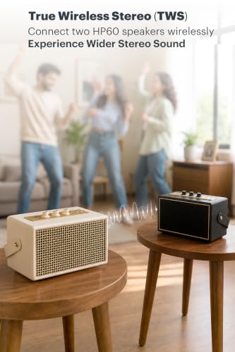 Image of Schneider ENERZA HP60 Wireless Portable Home Audio Speaker | 60W Triple-Driver 360 Sound | Wooden Acoustic Enclosure with Bluetooth 5.4 IPX4 Splashproof | Vintage Classic Design - Ivory