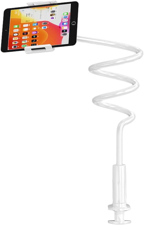 Extra Long Gooseneck Phone Holder for Bed Living Room, Flexible Gooseneck Long Arm Desktop Stand for Cell Phone Tablets, Overhead Cell Phone Clamp Mount Up to 7" Device (White,135CM)