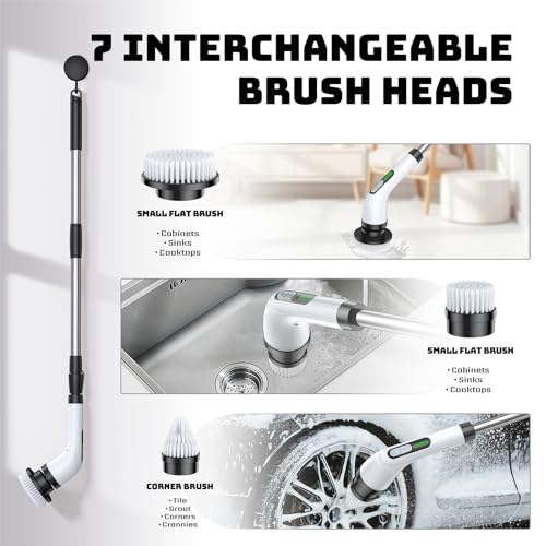 Image of Electric Spin Scrubber, 2-Speed Cleaning Brush, Extendable Handle (White) | Includes 7 reusable brush heads and an IPX7-rated design for cleaning bathrooms, showers, kitchens, tile, floors, and grout