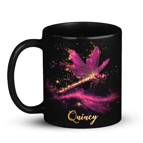 Custom Name Sparkling Dragonfly Coffee Mug 11oz 15oz, Gift For Women Girl, Personalized Magical Pink Dragonfly Cup, Black Mug, Customized Animal Ceramic Cup, Gift For Animal Lovers -  FABGIFT