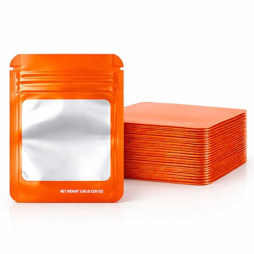 Mylar Bag Depot 3.5g Solid Mylar Bags with Square Window, Heat Sealable Moisture-Proof Storage Bags for Retail, Wholesale, and Small Business Packaging - 50 Pack (Orange)