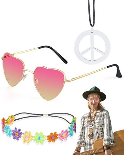 AORHOFJ 3PCS Set d'Accessoires De Costume Hippie, Deguisement Hippie Femme, Accessoire Hippie, Lunettes Rondes Rétro Hippie Vintage, Bandeau Bohème, Bandeau De Fleurs,Peace and Love