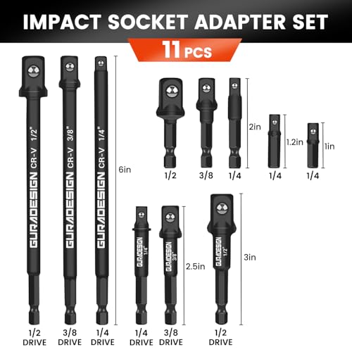 image for GURADESIGN 11-Piece Impact Socket Adapter Set - 3/6 Inch Hex Shank, Dr