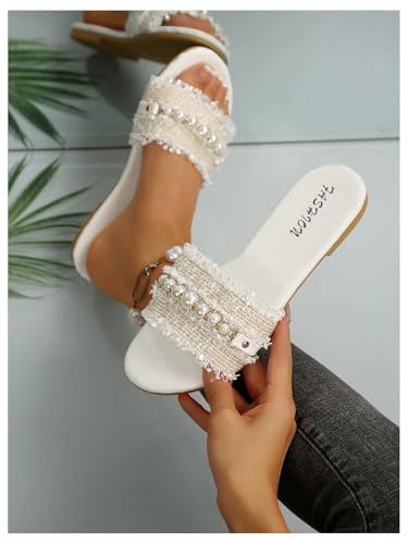 Women's Pearls Chain Flat Sandals Dressy Open Toe Slip On Flats Summer Casual Outdoor Slide Sandals3