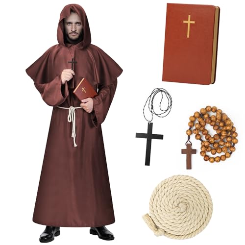 Lozzzyo Disfarce Halloween homem adulto, disfarce de homem de Halloween para homem com caderno de monge, rosário e colar, disfarces de Halloween homem adulto com tema médio. GG