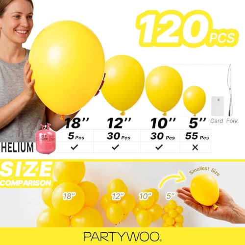 Image of PartyWoo Yellow Balloons 120pcs Matte Yellow Color Different Sizes | 18 12 10 5 Inch Balloons for Easter Bee Baby Shower Sunflower Birthday Graduation Bee Sunflower Party Decorations Yellow-Y55
