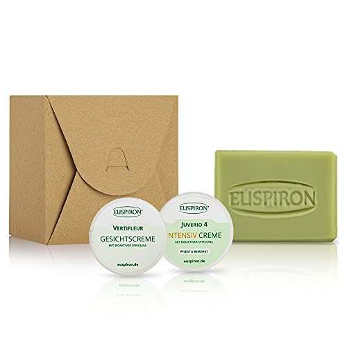 Starterset Creme und Seife (Juverio 4 Mini - Intensiv Creme mit 4% Spirulina 5ml, Vertifleur Gesichtscreme Mini mit Spirulina 5 ml, Vertifleur Seife grün handgemacht Mini mit Spirulina 40 g) Cover