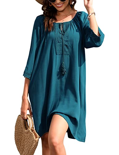 UMIPUBO Pareos Playa Mujer Vestidos de Playa Cuello en V Falda de Playa Verano Suelta Bikini Cover Up Vestido de baño Color Sólido Camisolas y Pareos(Verde,Talla única)