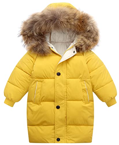 Happy Cherry Kids Boys Girls Fur Hooded Coat Zip Up Winter Warm Long Down Jacket Windproof Snowsuit Outerwear