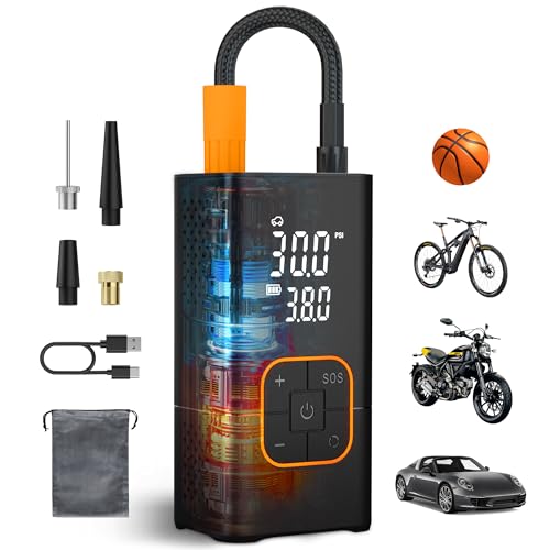 Tire Inflator Portable Air Compressor-150PSI Bike Pump, Portable Tire Inflator Cordless with Tire Pressure Gauge LED Lights, Air Pump for Car Tires, Bike, Motorcycle, Ball (Orange)