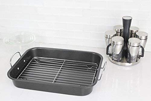Deluxe Non Stick Roaster/Roasting Pan With Handles And Grill Rack, Excellent For Turkeys, Hams And Chickens 15.5" X 11.5", Black #TOP4