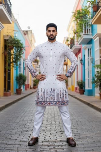 Image of Trustous Men's White Printed Kurta | Stylish Ethnic Wear Kurta for Men | Regular Fit Traditional Kurta | Festive, Wedding, Party & Casual Wear