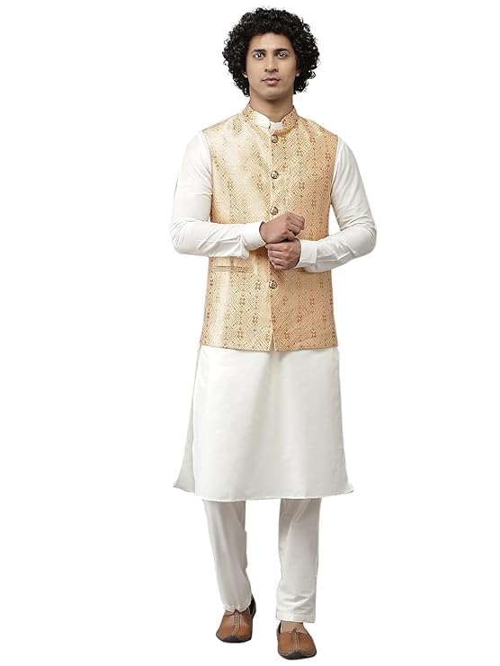 see designs Men Gold & White Solid Kurta Pyjamas With Nehru jacket-picture-32