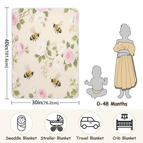 Custom Watercolor Rose Flower Bees Pink Cream Kids Blanket Soft Custom-Made Animal Name Blanket for Girls or Boys 30x40in cobijas para personalizadas3