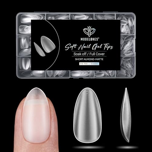 Image of modelones Short Almond Fake Nail Tips - 510Pcs Full Matte Gel Tips Pre-shaped Full Cover Clear Acrylic Gel Kit False Press on Nails for Extension DIY Salon 15Sizes