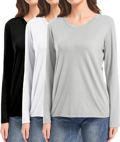 DMVOD Paquete de 3 camisetas de algodón de manga larga y corta para mujer, camisetas de entrenamiento para mujer, camisetas básicas ajustadas, lisas, cuello redondo, Negro/blanco/gris, M