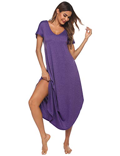 Ekouaer Nightgowns Long Women's V Neck Plus Size Night Shirts Cotton Soft Short Sleeve Nighty Gowns (Purple, Xx-Large) #TOP1
