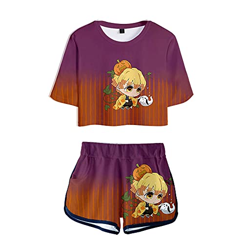 Yumenam Femme Survêtement Demon Slayer Anime 3D Imprimé Crop Tops+Shorts Ensemble de 2 PCS Costume de Cosplay Casual Manches Courtes T-Shirt Shorts Pyjamas Sets d'été Cover