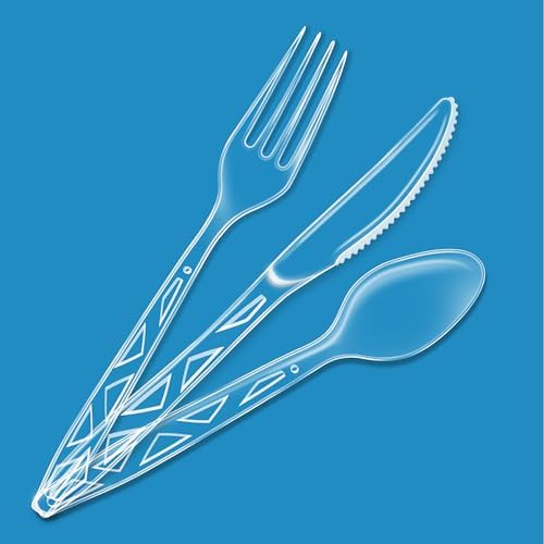 Amazon Basics Disposable Clear Plastic Cutlery Set, Premium Quality, Strong, 192 Count, Large Combo Pack Forks, Spoons and Knives - 1