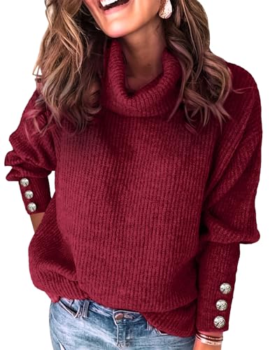 Image of Libsorge Women's Dressy Oversized Turtleneck Sweaters Fall 2024 Casual Winter Ribbed Knit Button Long Sleeve Pullover Sweater Red L