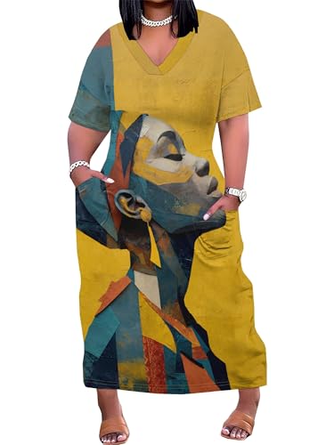 Image of Plus Size Maxi Dress for Women Short Sleeve V Neck Casual Loose Sundress with Pockets