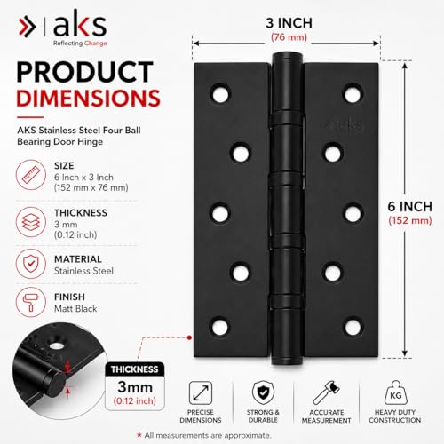Image of AKS Stainless Steel Four Ball Bearing Hinges for Main Door, Office, Home & Bathroom Doors 6 Inch Length 3 Inch Width 3mm Thickness Hinges | 5 Years Warranty (Pack of 6, Matt Black)