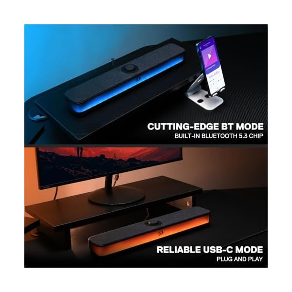 Redragon GS515 RGB Desktop Soundbar, 2.0 Channel Stereo Computer Speakers for Desktop with BT 5.3, USB-C/USB Powered, Black - Image 4