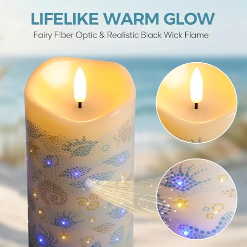 Image of Eywamage Ocean Fiber Optic LED Pillar Candles with Remote 3 Pack | Coastal theme, summer daily decor, 3 AA battery powered, remote timer function, Φ 3 inch H 6 inch, flickering realistic