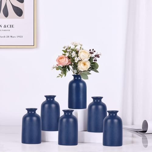 Blue Ceramic Bud Vases Set of 6 - Modern Boho Navy Blue Small Vase, Farmhouse Country Blue Vases Home Decor, Living Room Decoration, Table Decor, Fireplace Decor, and Entrance Decoration Centerpieces