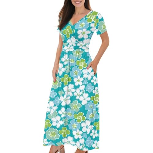 Image of Women's Fall Summer Short Sleeve Ankle Length V-Neck Party Dress with Pockets Size S-3XL