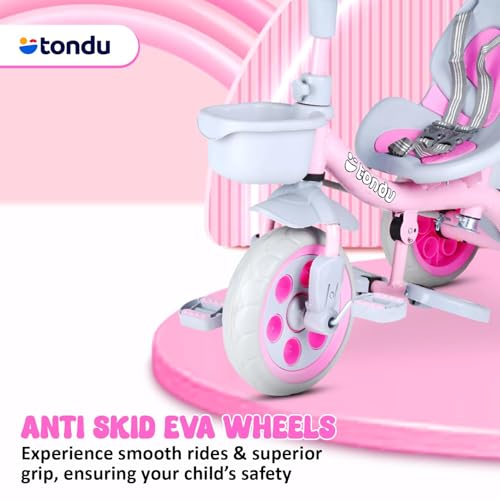 Image of TONDU Kiddo Tricycle for Kids /Baby with Storage Basket | Seat Belt with Parental Control Baby Tricycle (Pink)