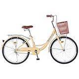 Hybrid Bikes for Women, 26 inch Adult Bicycles Lightweight Hi-Ten Steel Frame Road Bike Single Speed with Rear Rack and Basket, Commuter City Bike, Comfort Lady Bicycle, Vintage Adult Bike, Yellow