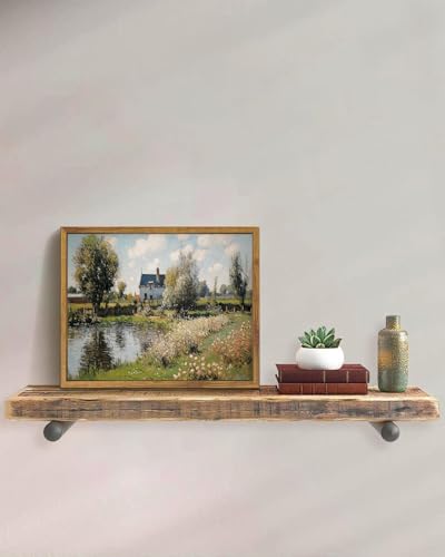 Image of KISSFOX Vintage Framed Wall Art Decor Countryside Landscape Pictures Wall Decor Rustic River Cottage Canvas Art Prints Modern Farmhouse Impressionist Paintings Artwork For Bedroom Living Room