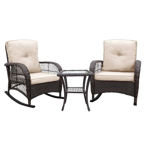 Vintage Style Wicker Rocking Chair Outdoor Patio Bistro Set, 3