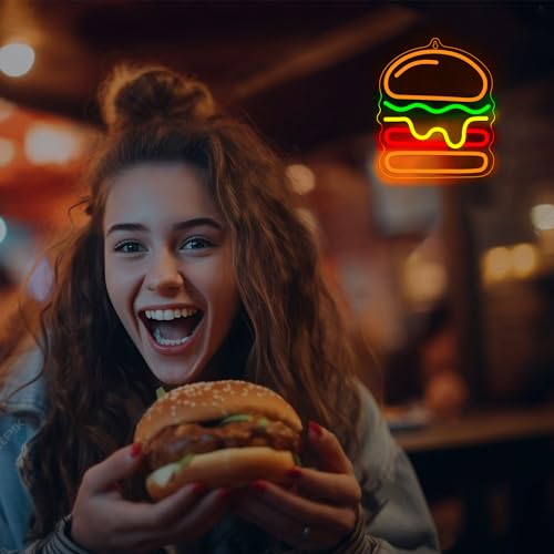 Image of Attivolife Hamburger Neon Sign for Wall Decor, Light up Delicious Food Hamburg LED Lamp with Dim USB Powered, Unique Business Fast Food Shop Restaurant Decoration, Christmas Day Birthday Party