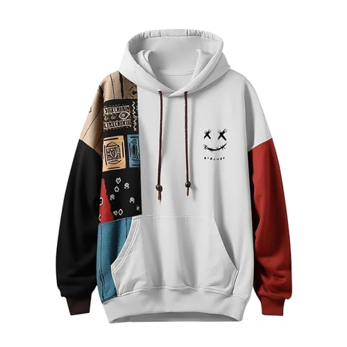 Image of Generisch Men's Vintage Print Long Sleeve Drawstring Hoodie Comfortable Cotton Blend for Casual and Daily Wear Plus Sizes up to 3XL, White, L