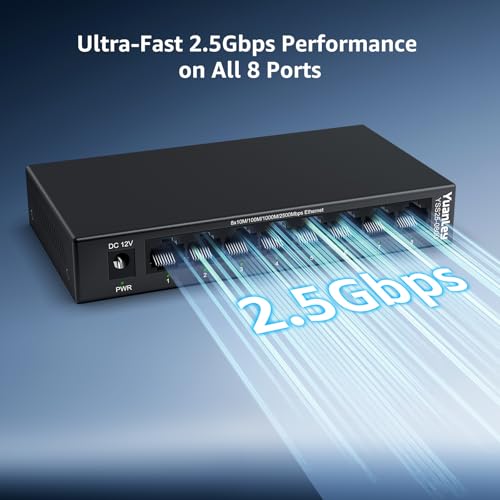 Image of 8 Port 2.5G Unmanaged Desktop Ethernet Switch, 8 x 2.5G Base-T Ports, 60Gbps Switching Capacity, Compatible with 100 /1000 /2500Mbps, Metal Fanless, YuanLey 2.5Gbe Network Switch Wall Mount