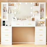 ANWBROAD 150cm Coiffeuse avec Miroir Éclairage LED Réglable 3 Couleurs Grande Coiffeuse avec Prises 8 Tiroirs 6 Étagères, 2 Placards avec Portes Table de Maquillage Moderne Blanc BDT67W