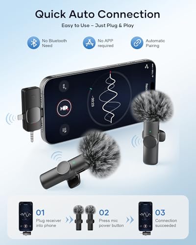 Image of Wireless Microphone for iPhone iPad Android Phone and Camera, 2 Pack Wireless Lavalier Lapel Mic with Noise Reduction, 3 in 1 Mini Microphone for Video Recording Interview Podcast YouTube TikTok Vlog