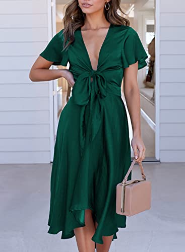Image of miduo Womens Satin V Neck Ruffle Short Sleeve Tie Front High Waist Midi A-Line Maxi Dresses