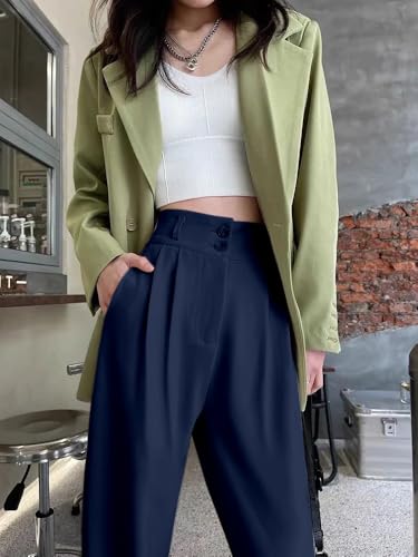 Image of Aahwan Solid Dark Blue Korean Baggy Parallel Formal Pant for Women's & Girls'