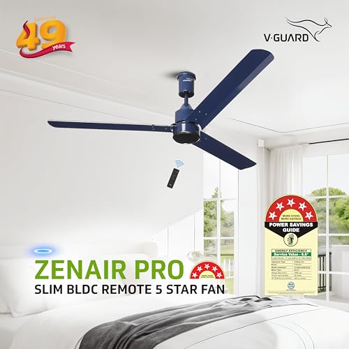 Image of V-Guard Zenair BLDC Ceiling Fan for home | 1200 mm | BEE 5-Star Energy Saving | High-Speed BLDC Motor (370 RPM) | Remote Control with 6 Speeds, Wind & Reverse Modes | 2-Year Warranty | Sapphire Blue