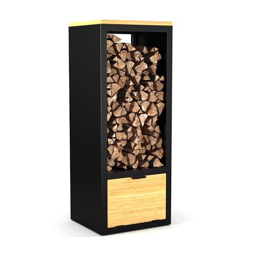 blumfeldt Leñero Interior Moderno - Estante para Leña 2 en 1, Acero y Madera de Caucho, 40×35×100 cm, Caja de Almacenamiento, Fácil Montaje, Diseño Elegante para Chimenea