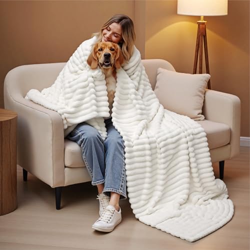BEDSURE Kuscheldecke Flauschig - Wolldecke & Fleecedecke, Sofadecke, Weiche Warme Grobe Korddecke für Zimmer Deko, Wohn- & Kuscheldecken, Tagesdecke, Große Decke, Wollweiß, 230 x 270 cm