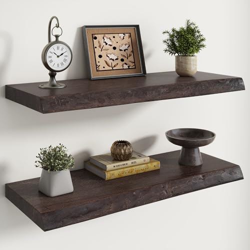 Image of RICHFOCUS Live Edge Elm Floating Shelves - 30 inch W x 9.3 inch D Rustic Solid Wood Wall Shelves with Invisible Bracket, Wall-Mounted for Living Room, Bedroom, Kitchen Storage & Display, Set of 2, Walnut