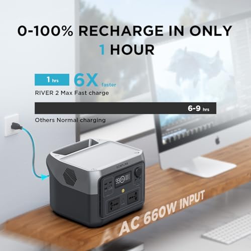 Image of EF ECOFLOW Portable Power Station RIVER 2 Max, 512Wh LiFePO4 Battery, 10 Year Life, 0% - 100% Charge in 60 mins, Power 11 Appliances at once, 230V - 50Hz India Voltage, For Outdoor Use & Home Backup