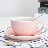 THUMBGEEK Tazas de capuchino de porcelana con platillos y cuchara, para bebidas especiales de café, latte, café moca y té utilizados en casa y en cafeterías baristas profesionales (rosa)