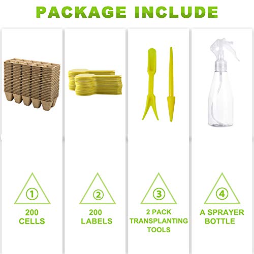 200 Cells Seedling Starter Tray Kit 20 Pack Peat Pots,Biodegradable Pots For Seedlings,Bonus 200 Plant Labels,2 Transplanting Tools,1 Spray Bottle,Greenhouse&Gardening Supplies For Plant Seeds #TOP2
