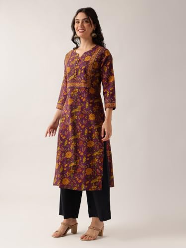 Image of Vbuyz Women Floral Print with Yoke Details Straight Cotton Stitched Kurta
