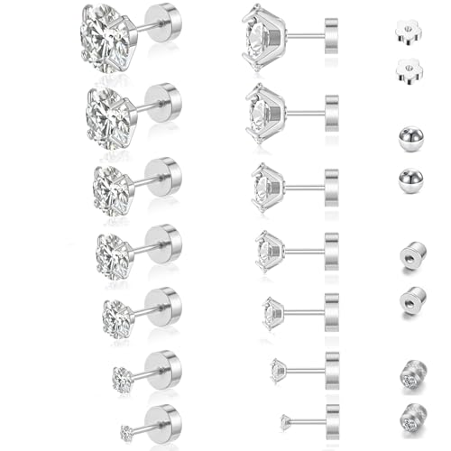 7 Pairs 20G Hypoallergenic Flat Back Earrings Studs for Women Men 2MM-8MM Surgical Stainless Steel Cubic Zirconia Earrings Studs Set for Sensitive Ears Cartilage Tragus Piercing Jewelry with 8 Ball Flat Screw Back Accessories